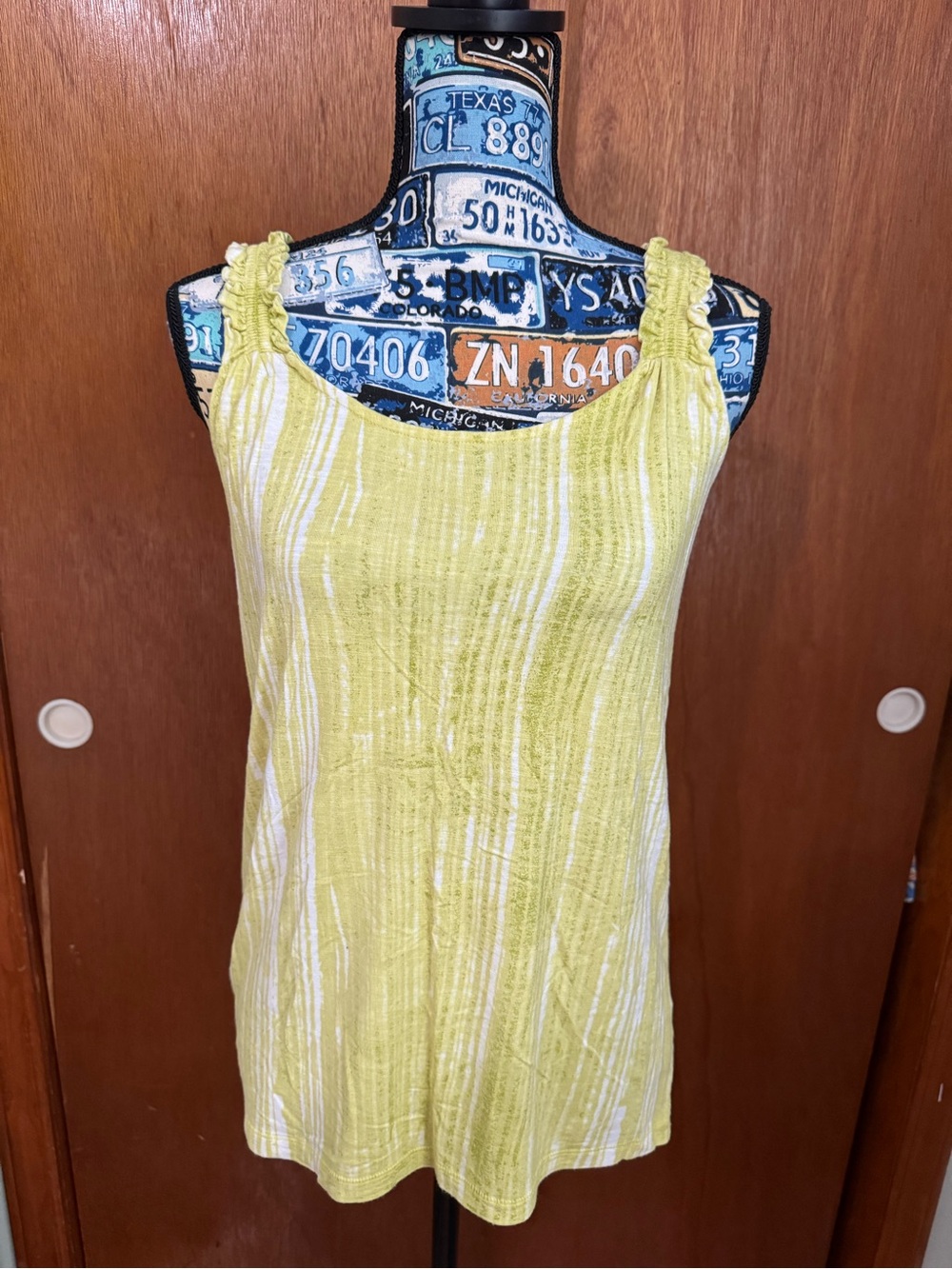 LOFT Yellow Green/ White Striped Tank with Ruching Straps, Women’s Small